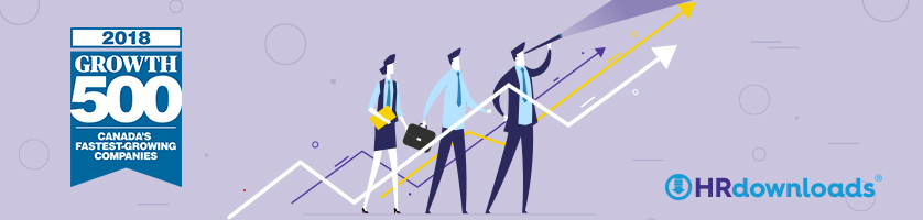 Growth 500 Canada's Fastest Growing Companies 2018 logo in Header with three illustrated people and arrows pointing upwards, Citation Canada, formerly HRdownloads, logo
