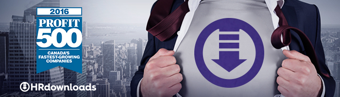 Profit 500 Canada's Fastest Growing Companies 2016 logo, with Citation Canada, formerly HRdownloads, logo on chest of superhero, Citation Canada, formerly HRdownloads, logo