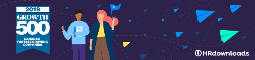 Growth 500 Canada's Fastest-Growing Companies 2019, two illustrated people, one is holding a flag, paper airplanes, Citation Canada, formerly HRdownloads, logo