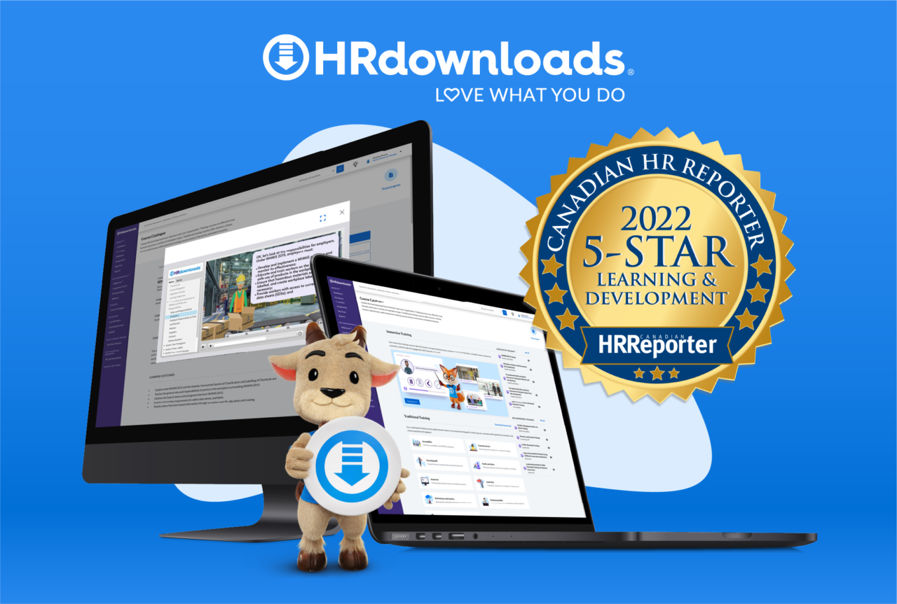 5 Star Learning & Development 2022 Award from the Canadian HR Reporter Header, Citation Canada, formerly HRdownloads, logo, character holding our logo and laptop, monitor with Citation Canada, formerly HRdownloads, screenshots