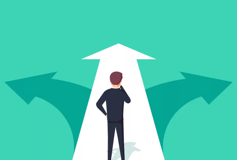 Person standing on a white arrow with two arrows on each side of it. Person trying to decide which arrow to take