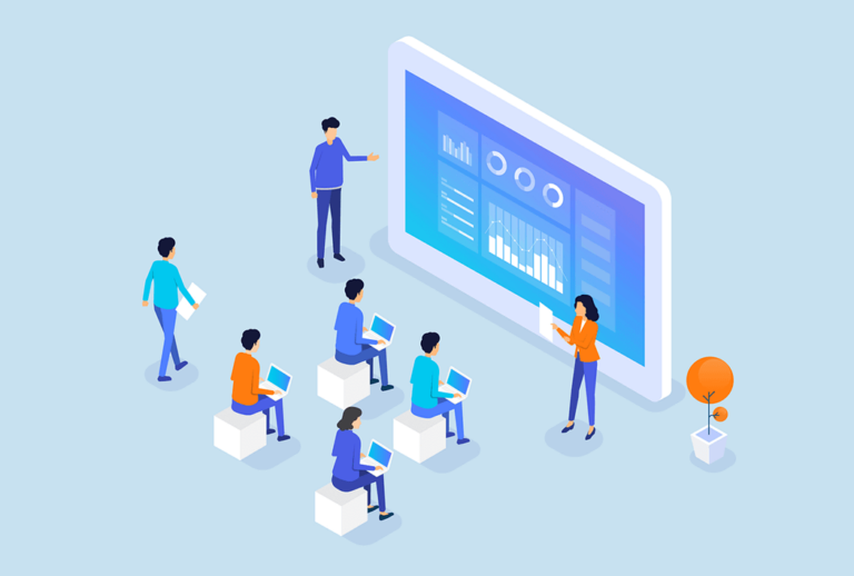 Cartoon image of employees on their laptops sitting in front of a big screen during a presentation