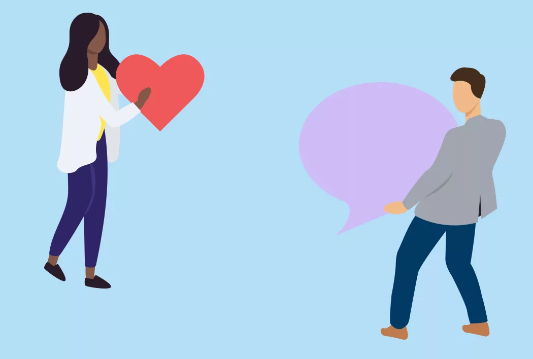 Two cartoon images, one is holding a heart and one is holding a comment bubble