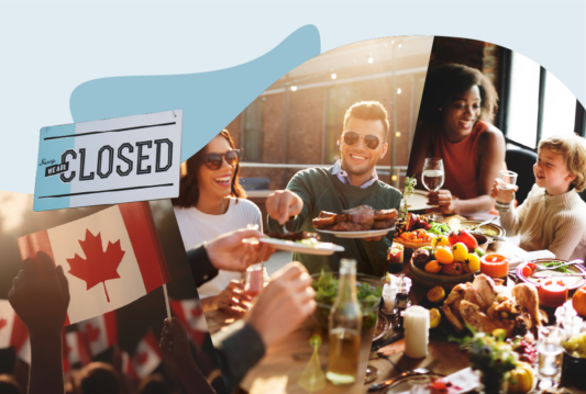 A collage of photos of people eating around a table full of food and holding Canadian flags.