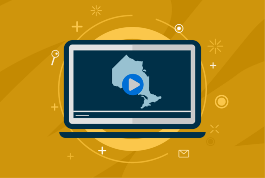 Silhouette of Ontario on a laptop screen with floating icons around the laptop screen.